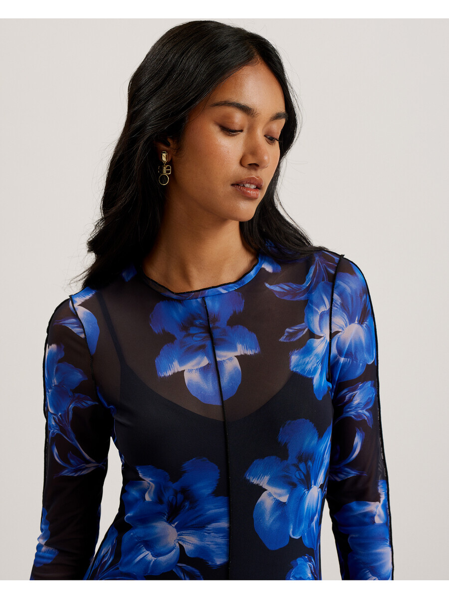 rozeen - mrežasta haljina s dugim rukavima i printom