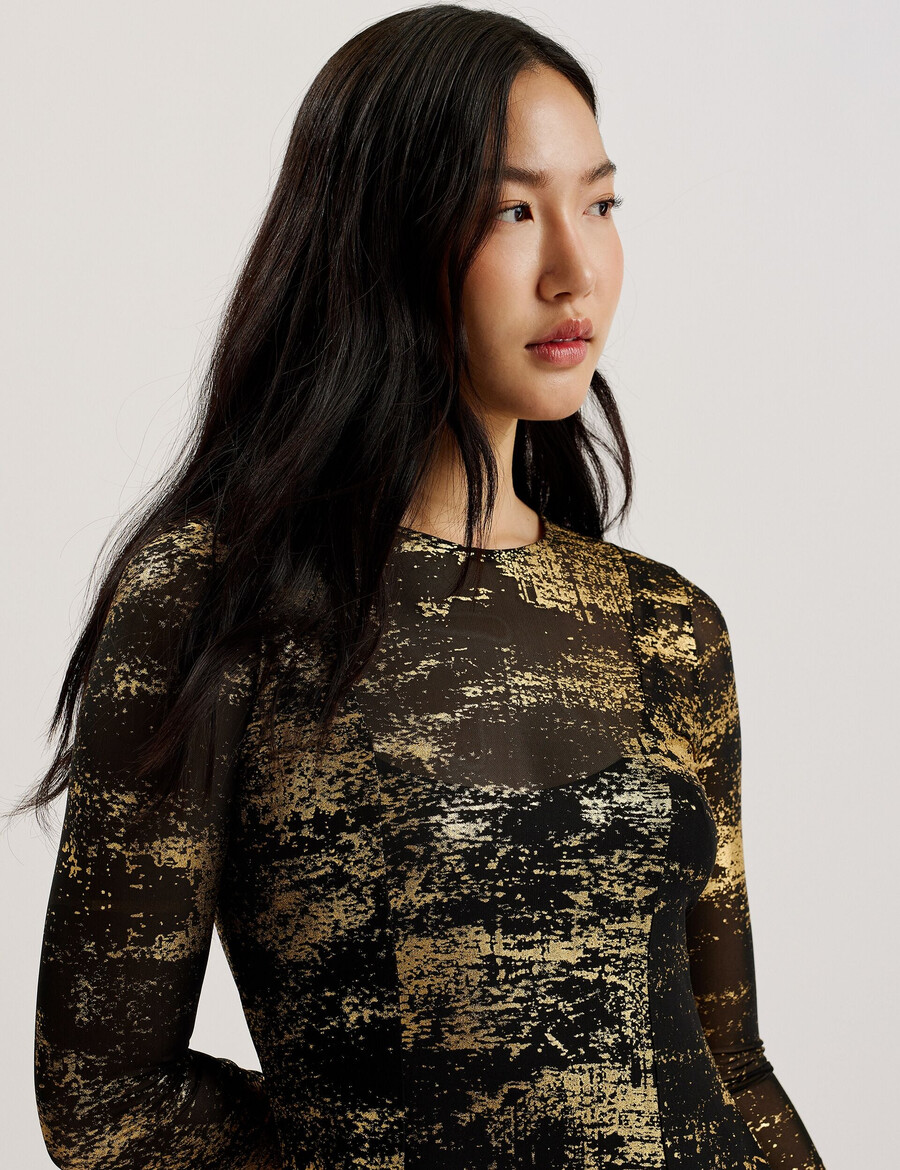 junhaa - midi mrežasta haljina s folijskim printom i dugim rukavima