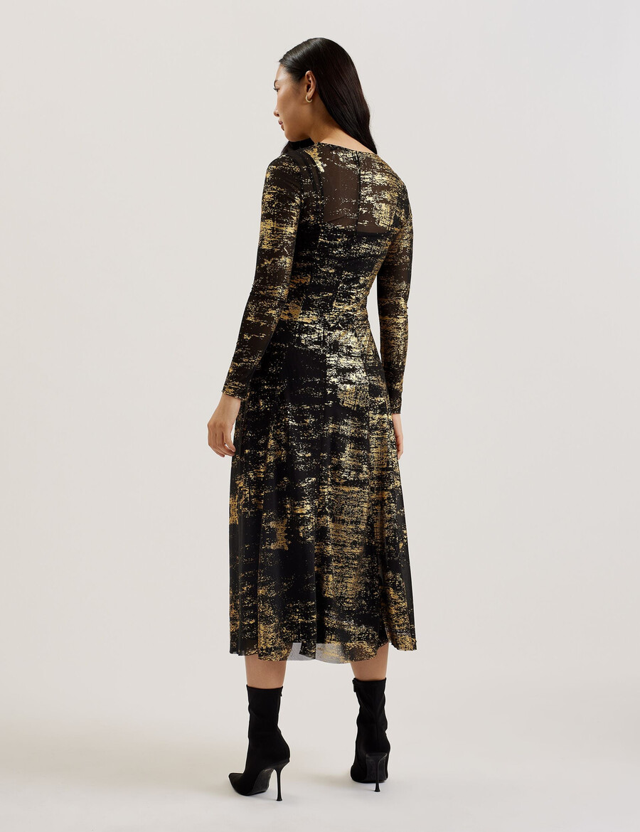 junhaa - midi mrežasta haljina s folijskim printom i dugim rukavima