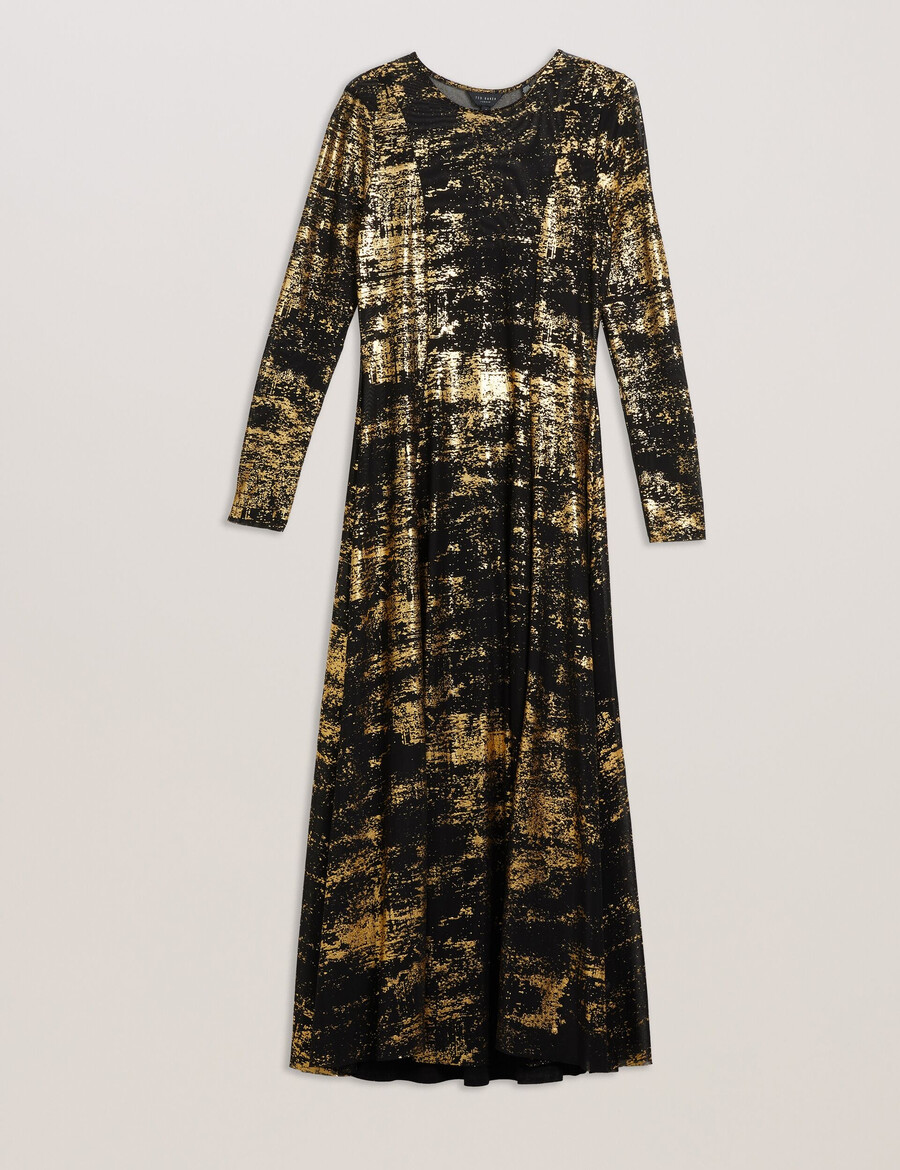 junhaa - midi mrežasta haljina s folijskim printom i dugim rukavima