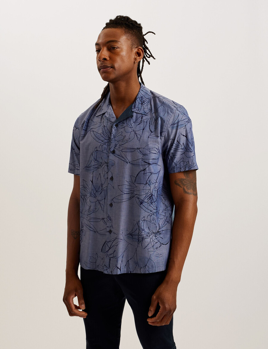 terroni - pamučna košulja kratkih rukava s cvjetnim uzorkom i chambray uzorkom