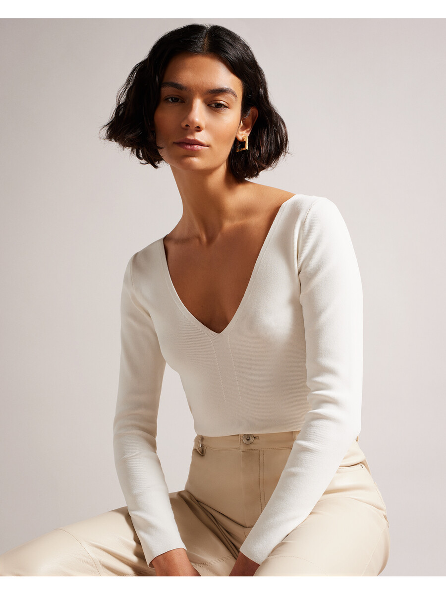 cileste - uski pleteni top s v-izrezom i dugim rukavima