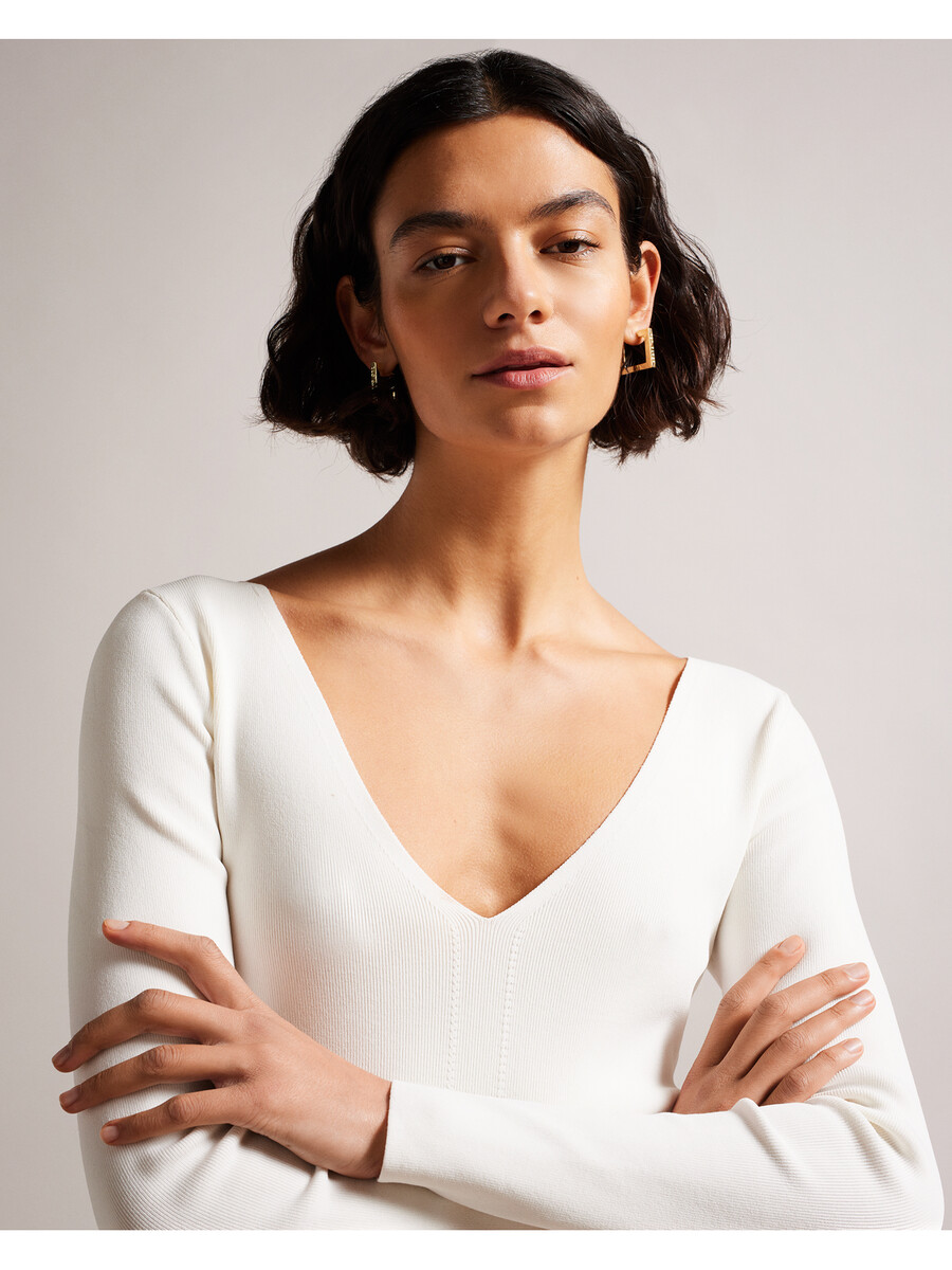 cileste - uski pleteni top s v-izrezom i dugim rukavima