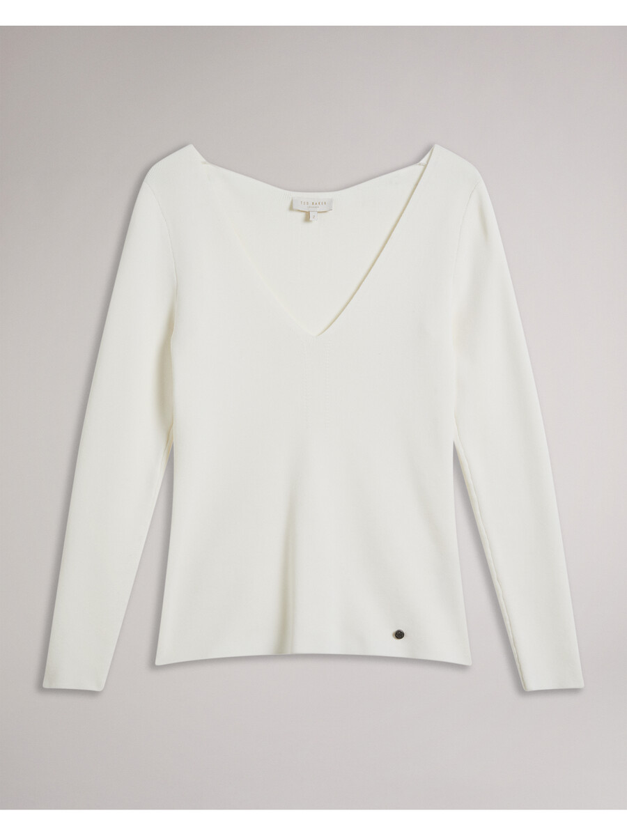 cileste - uski pleteni top s v-izrezom i dugim rukavima