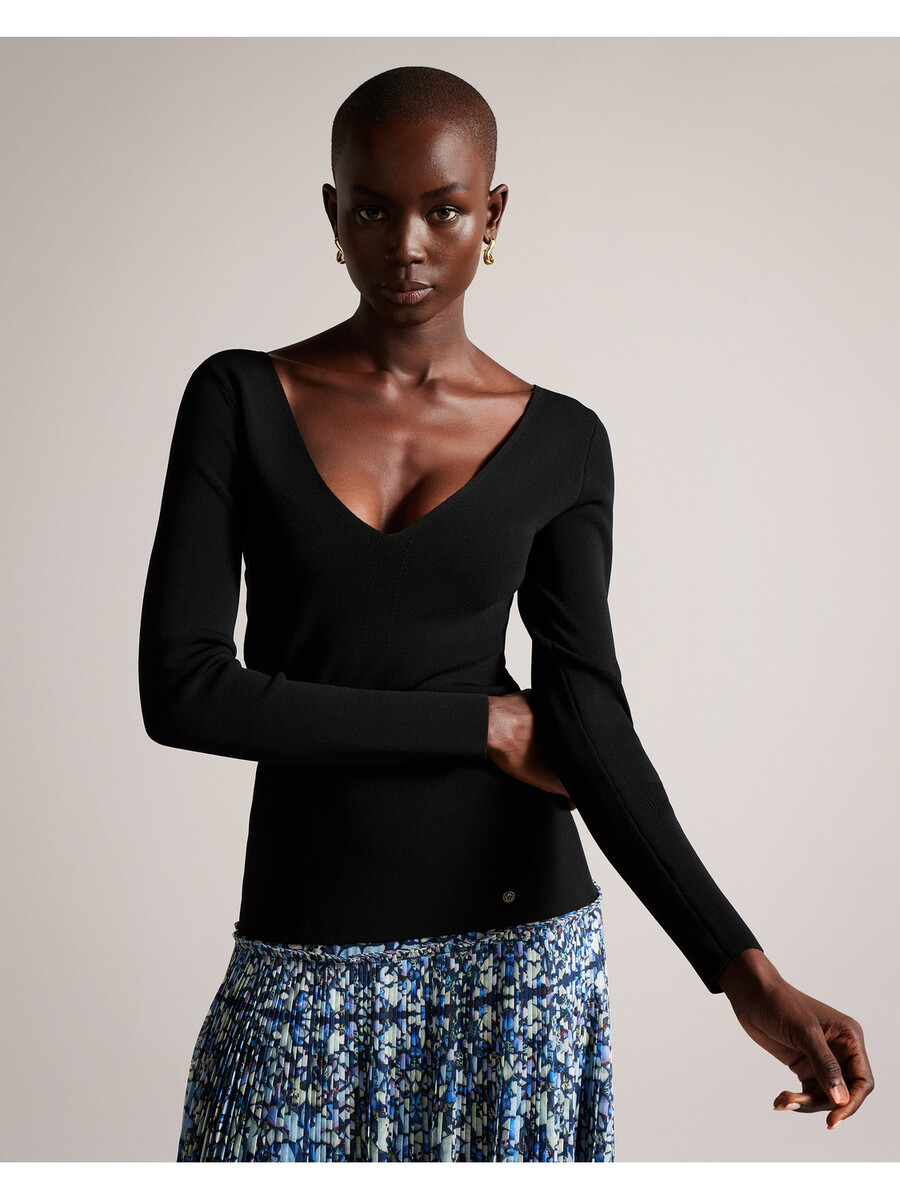 cileste - uski pleteni top s v-izrezom i dugim rukavima