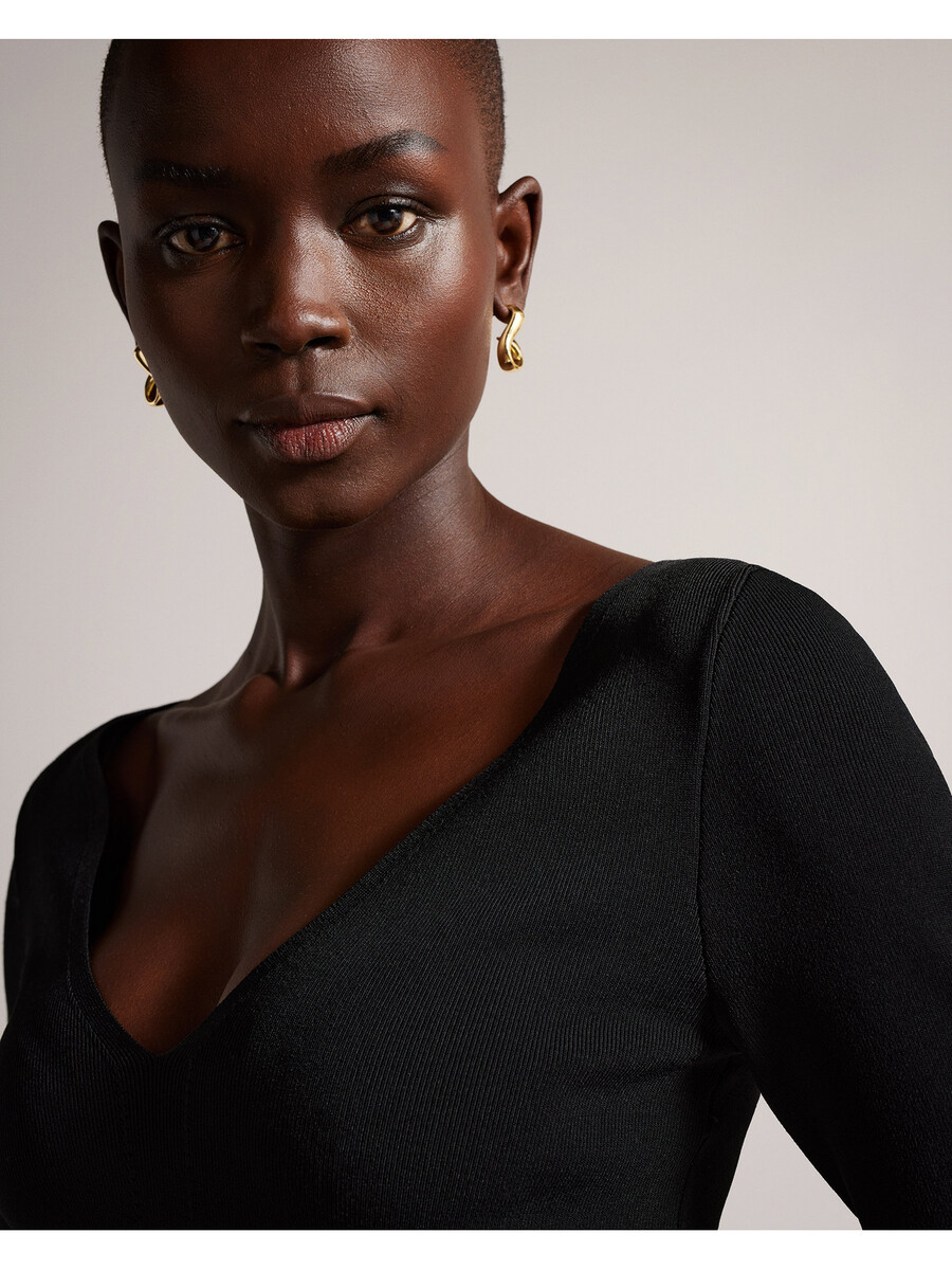 cileste - uski pleteni top s v-izrezom i dugim rukavima