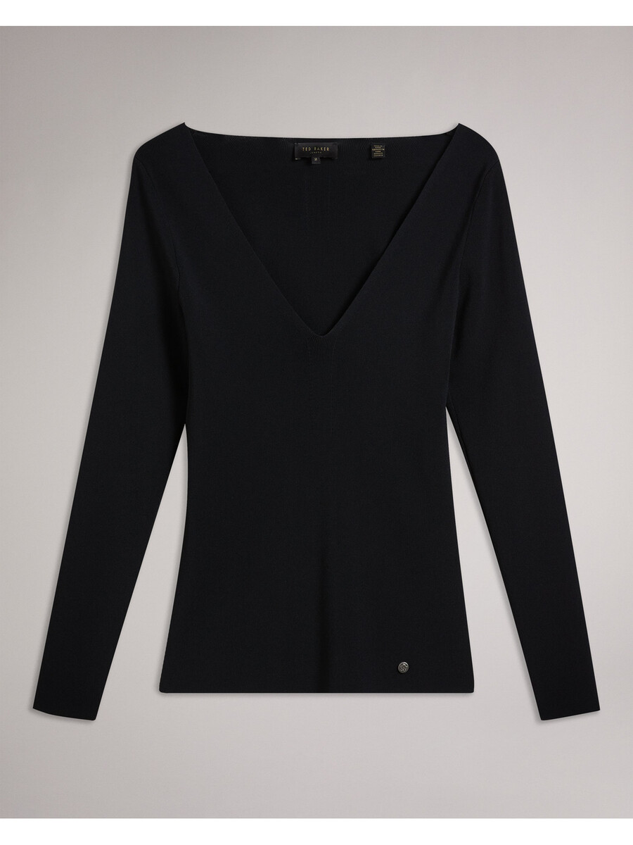 cileste - uski pleteni top s v-izrezom i dugim rukavima