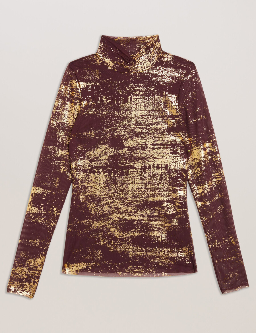 sofiy - mrežasti top s visokim ovratnikom i folijskim printom